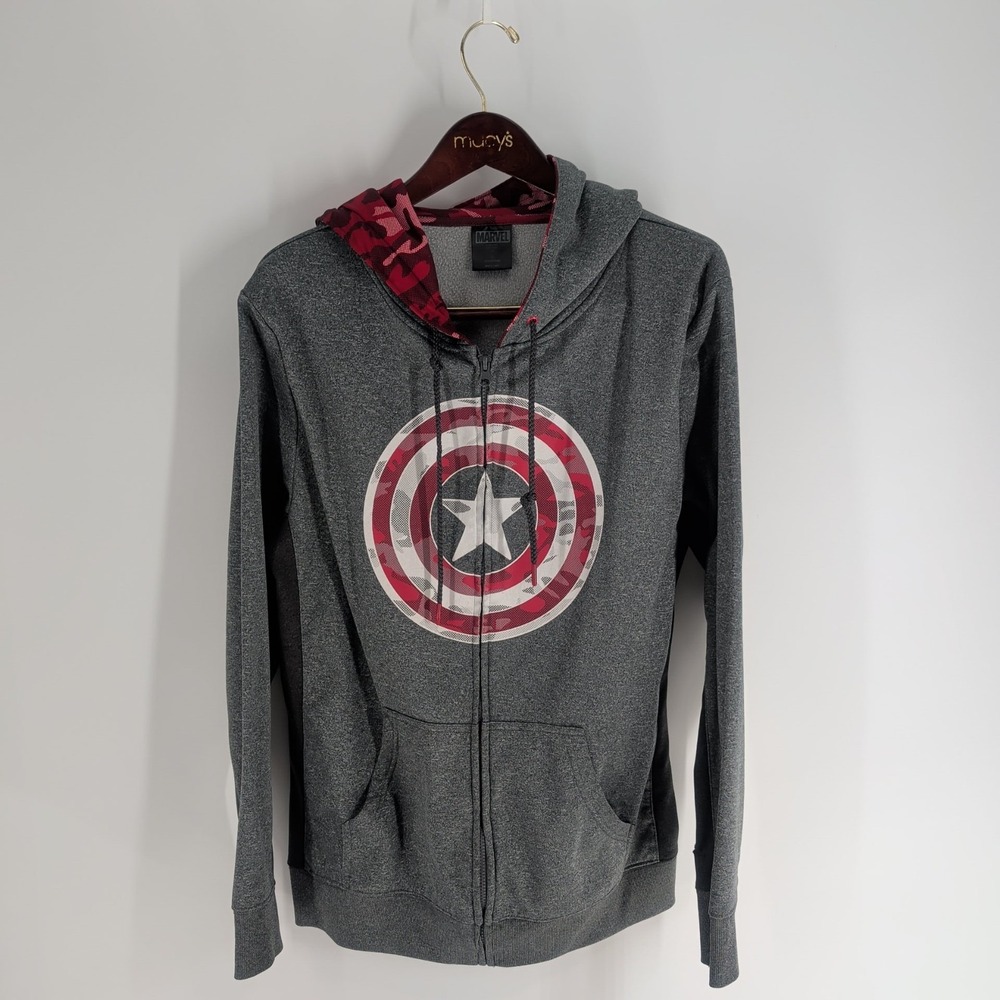 Marval Captain America Y2k Sketar Outdoor Full Zip Up Hoodie Heather Gray Size L